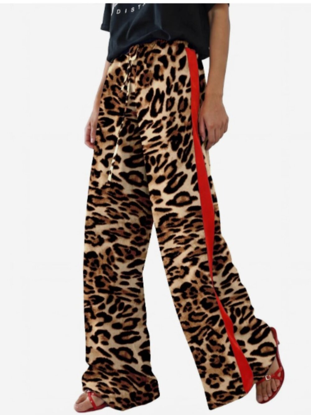 Rapbin Leopard Wide Leg Pants Casual Side Striped High Waisted Palazzo L